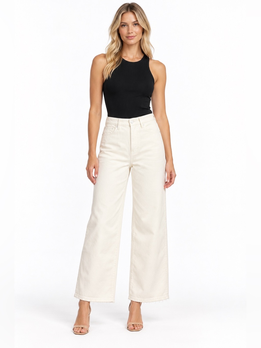 Good American Size 6/28 Good Waist Palazzo Crop Wide Leg High-Waist Jeans White